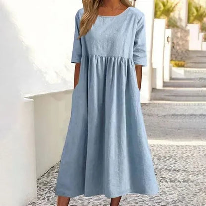 Vestido Casual de Algodón con Escote Redondo y Bolsillos – Un Básico con Personalidad